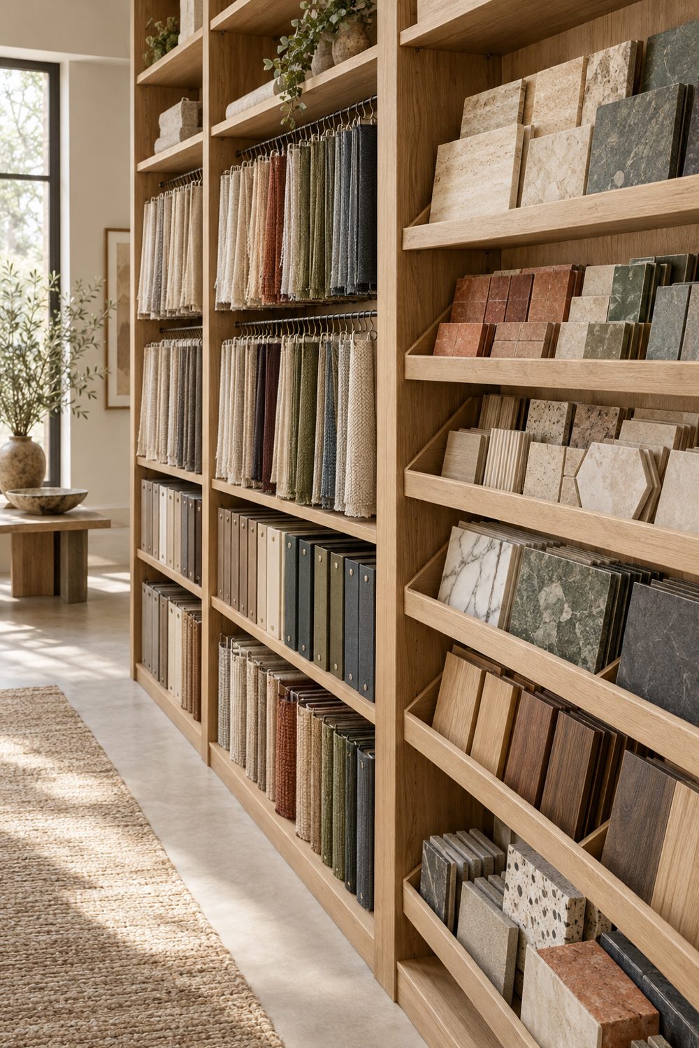 An organized design-firm sample library with fabrics on one side and hard finishes on the other